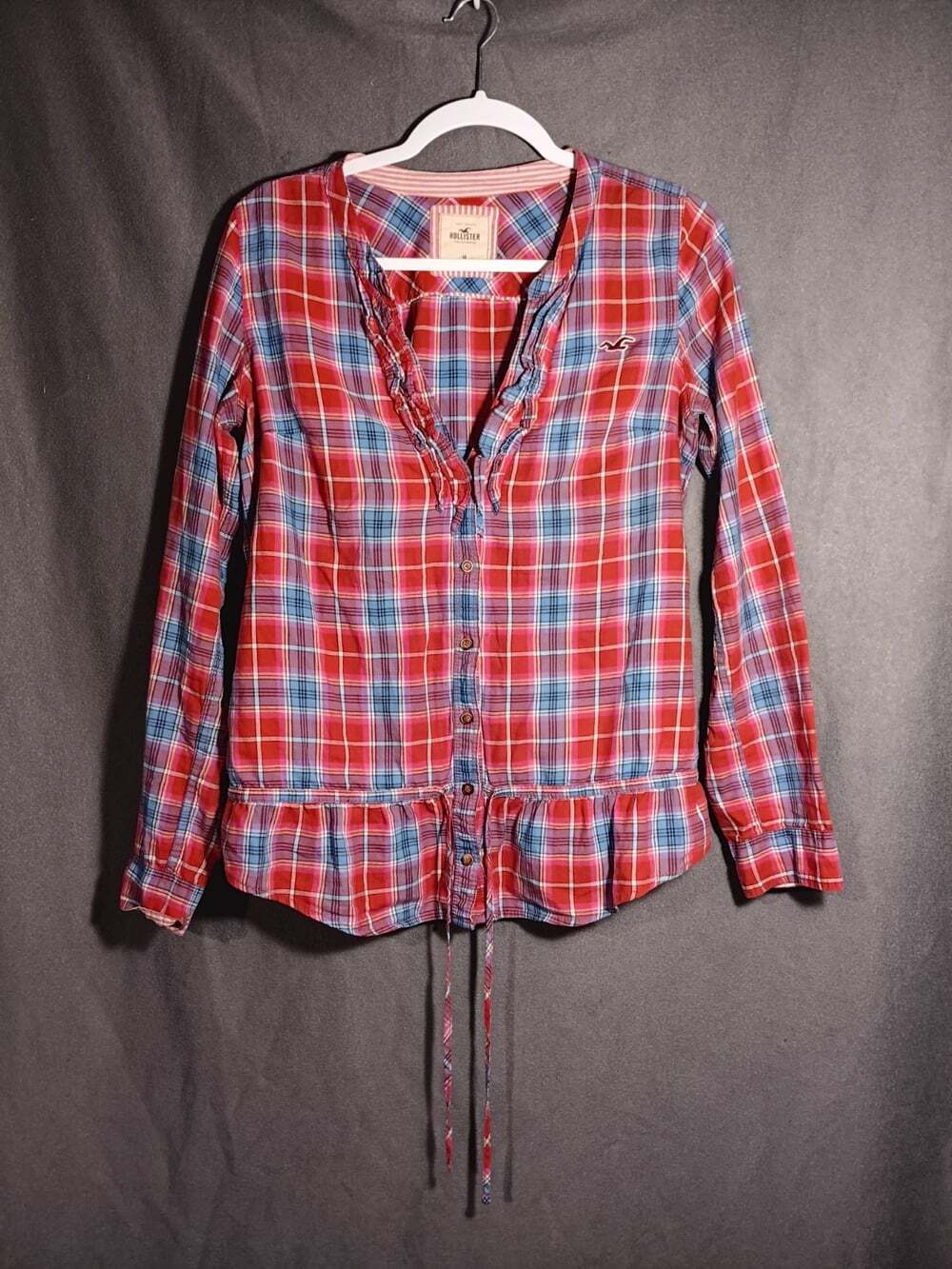 Hollister Y2K Red Plaid Ruffle Hem Drawstring Peplum Blouse Top Women’s Medium